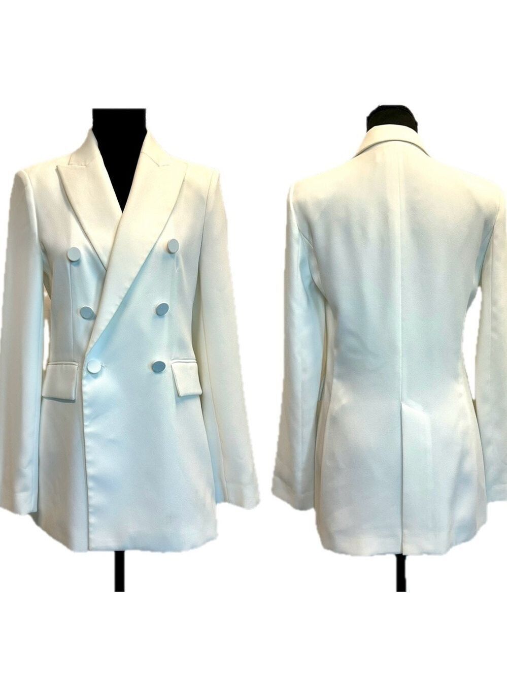 Zara white double breasted tailored fitted blazer fabric covered buttons Sz XS